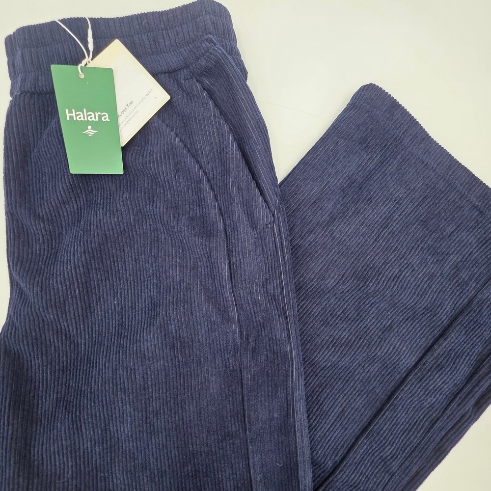 HALARA RIBBED HIGH WAIST WIDE LEG PANTS WOMENS LARGE PETITE BLUE POCKETS COMFORT - Picture 2 of 15